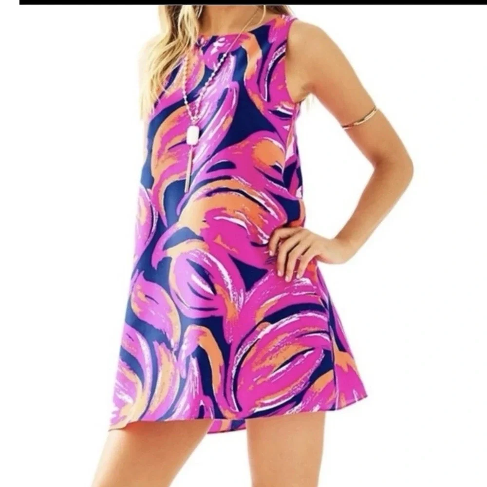 Lilly Pulitzer Silk Flamingo Print Shift Dress Pink Orange Navy Blue XS - Picture 1 of 8